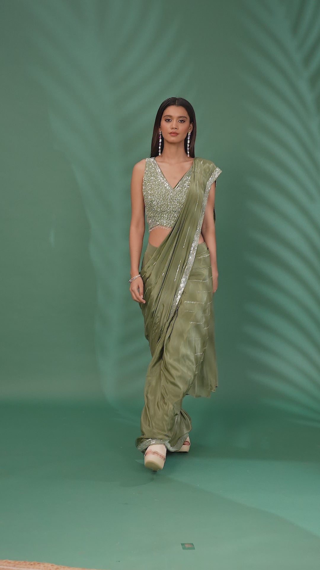 Pre-Stitched Saree with Sequin Embellished Blouse and Beaded Details