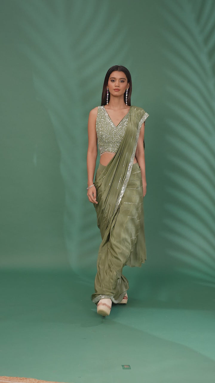 Pre-Stitched Saree with Sequin Embellished Blouse and Beaded Details