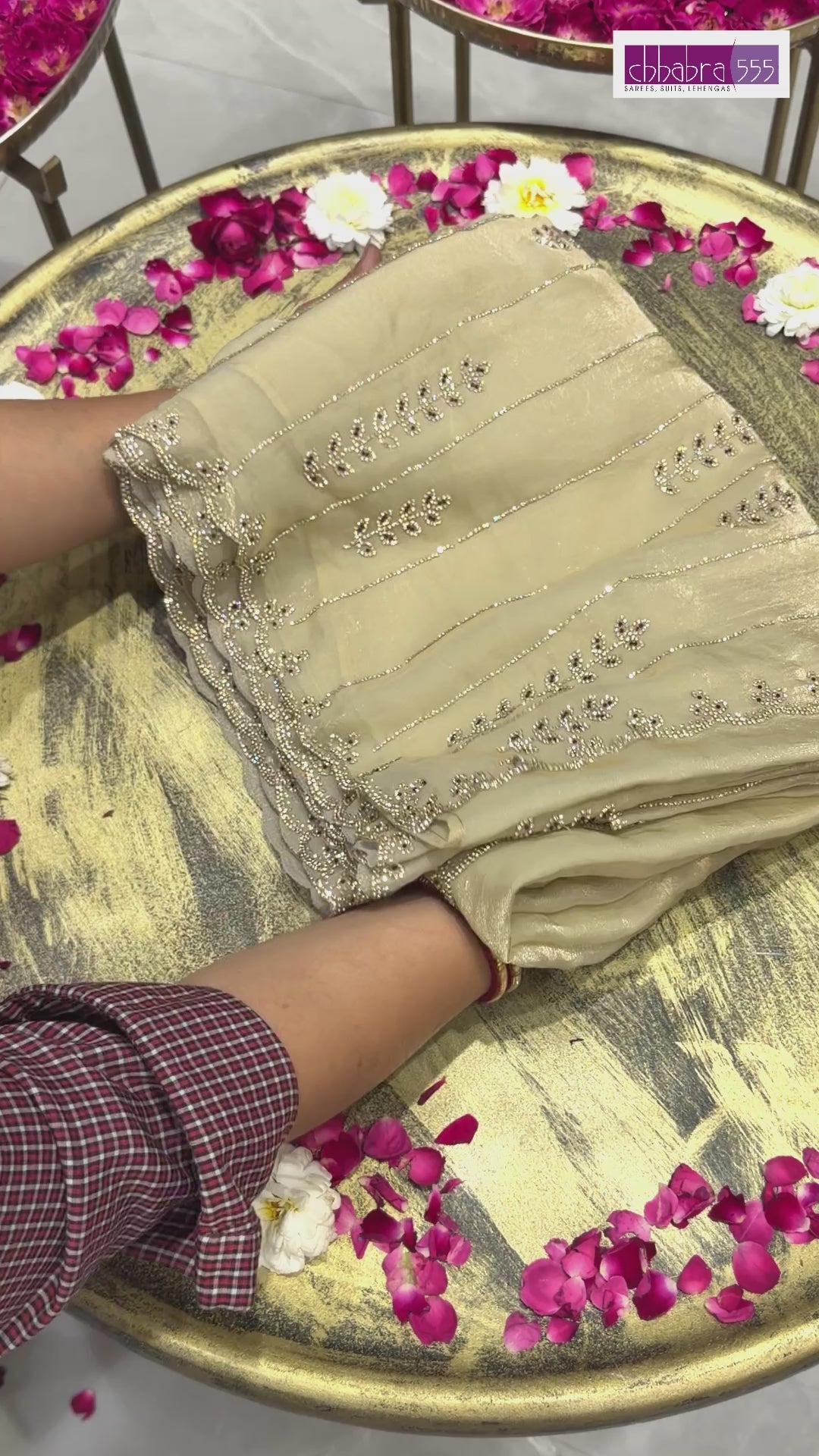 Tissue Silk Crystal & Bead Embroidered Striped Saree with Scalloped Border in Beige