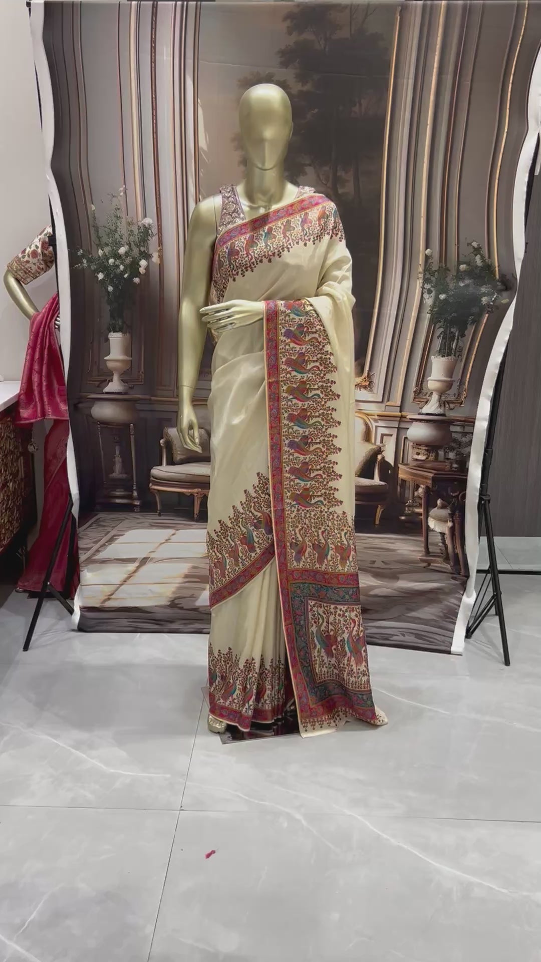 Off-White Banarasi Meenakari Silk Saree with Multicolour Bird Jaal & Contrast Pallu
