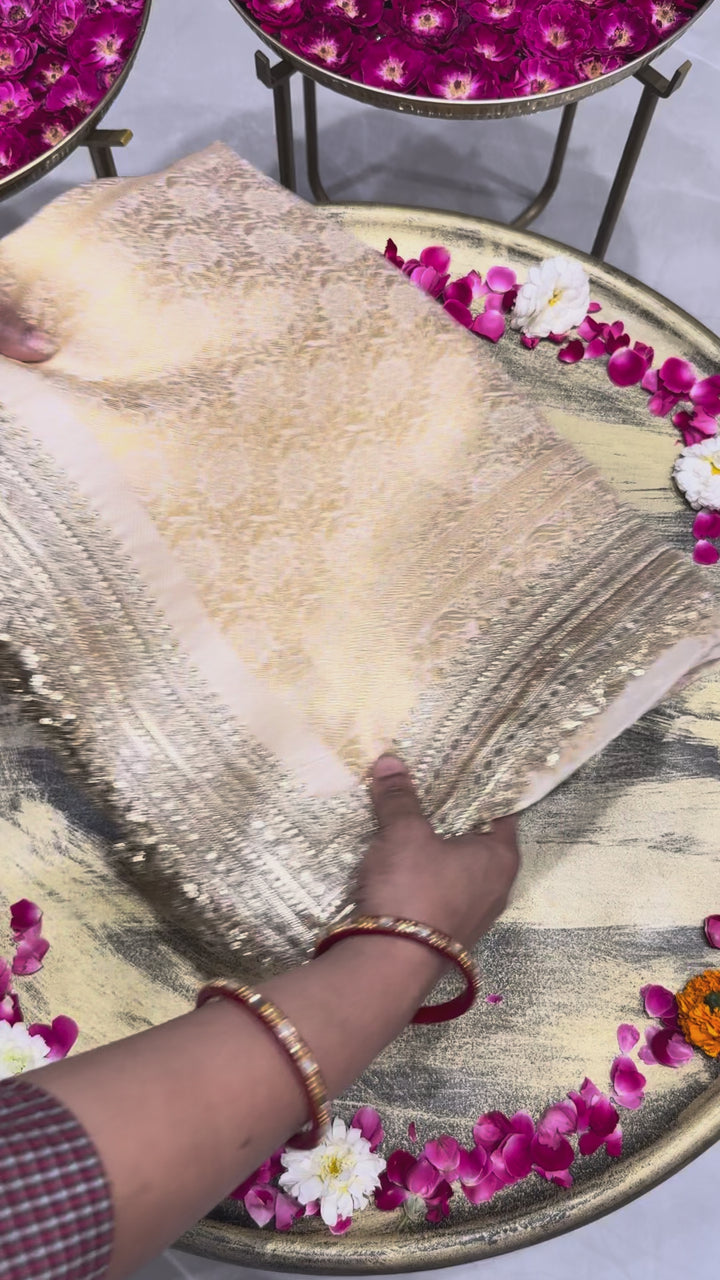 Banarasi Bandhani Silk Zari Woven Saree with Sequin Embroidered Border in Ivory