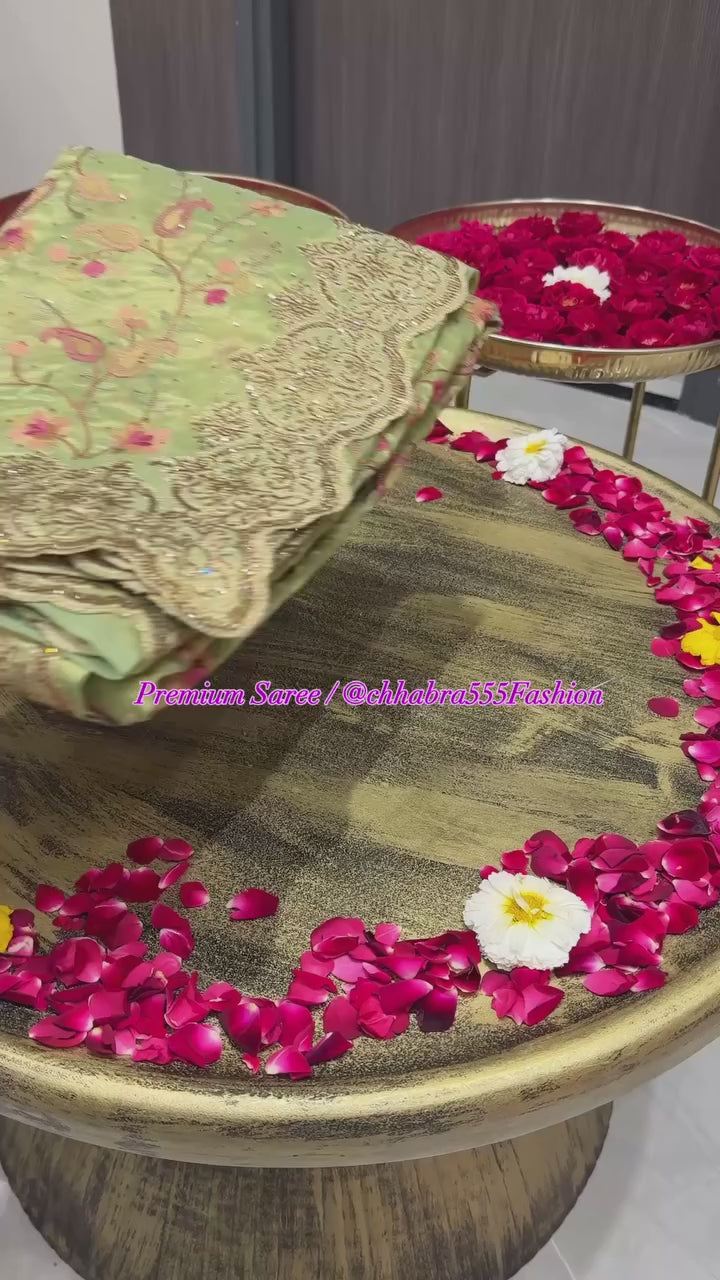 Pastel Green Soft Organza Saree with Floral Embroidery & Cutwork Beaded Border