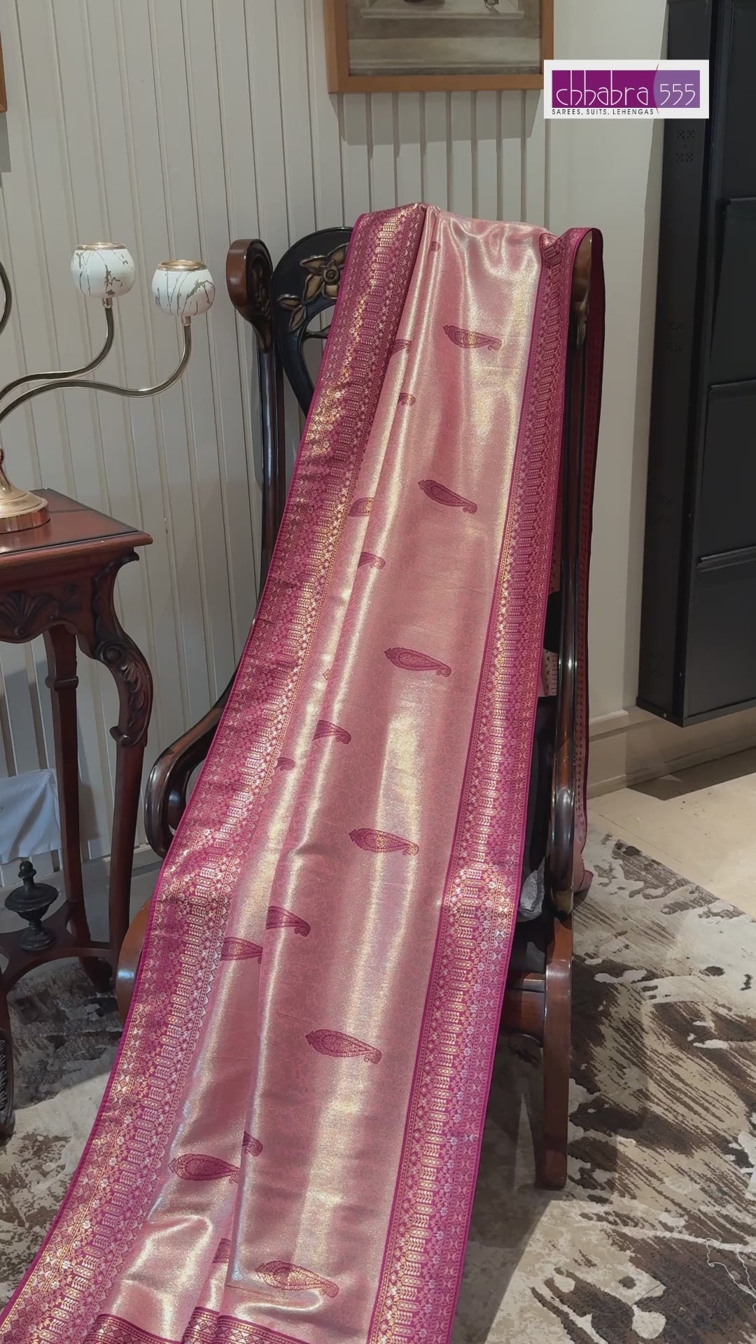 Rose Gold Banarasi Art Silk Saree with Magenta Zari Border & Paisley Butta, Tassel Pallu