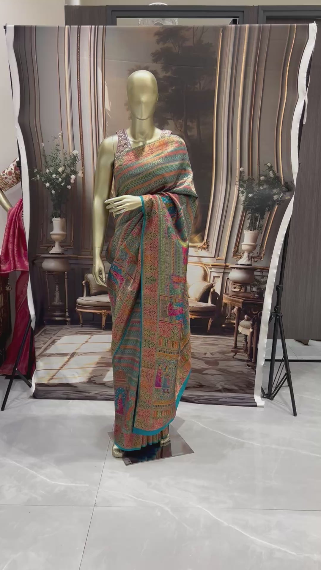 Teal Banarasi Silk Saree with Multicolour Royal Procession Pallu & Temple Border