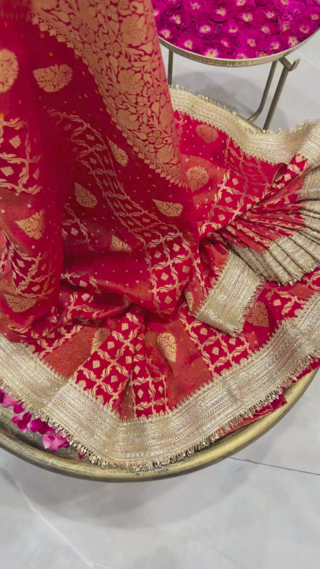Banarasi Bandhani Silk Zari Woven Saree with Sequin Embroidered Border in Red