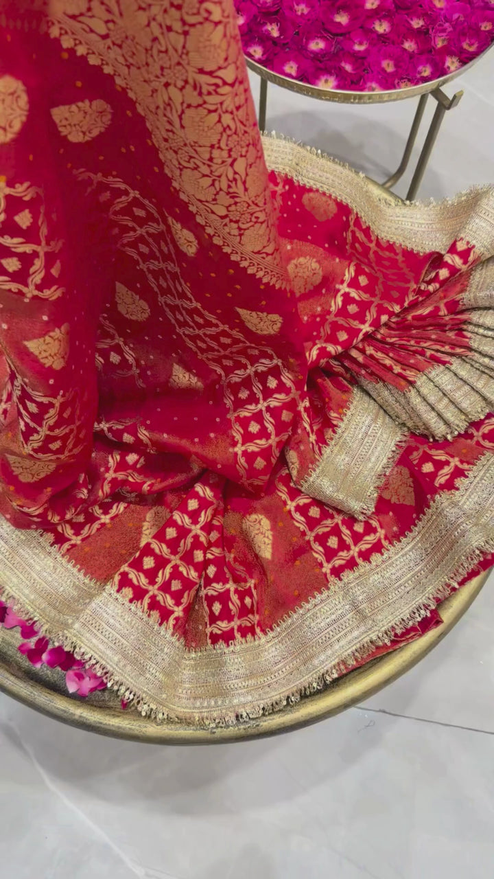 Banarasi Bandhani Silk Zari Woven Saree with Sequin Embroidered Border in Red