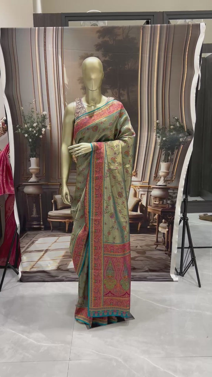 Pista Green Banarasi Meenakari Silk Saree with Floral Jaal & Teal Paisley Pallu