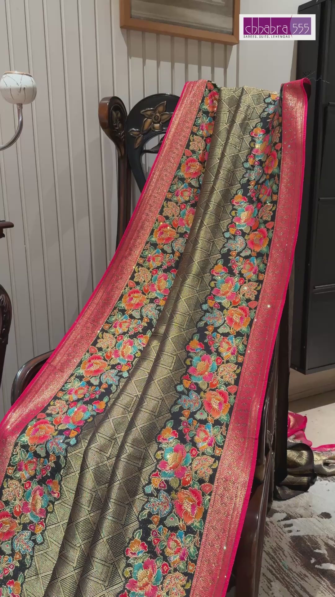Black Banarasi Saree with Gold Woven Panel, Floral Jaal and Red Zari Tassel Pallu