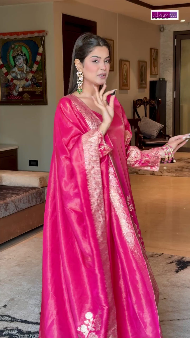 Banarasi Silk Kurta Set with Zari Woven Floral Border, Polka Dot Palazzo & Dupatta