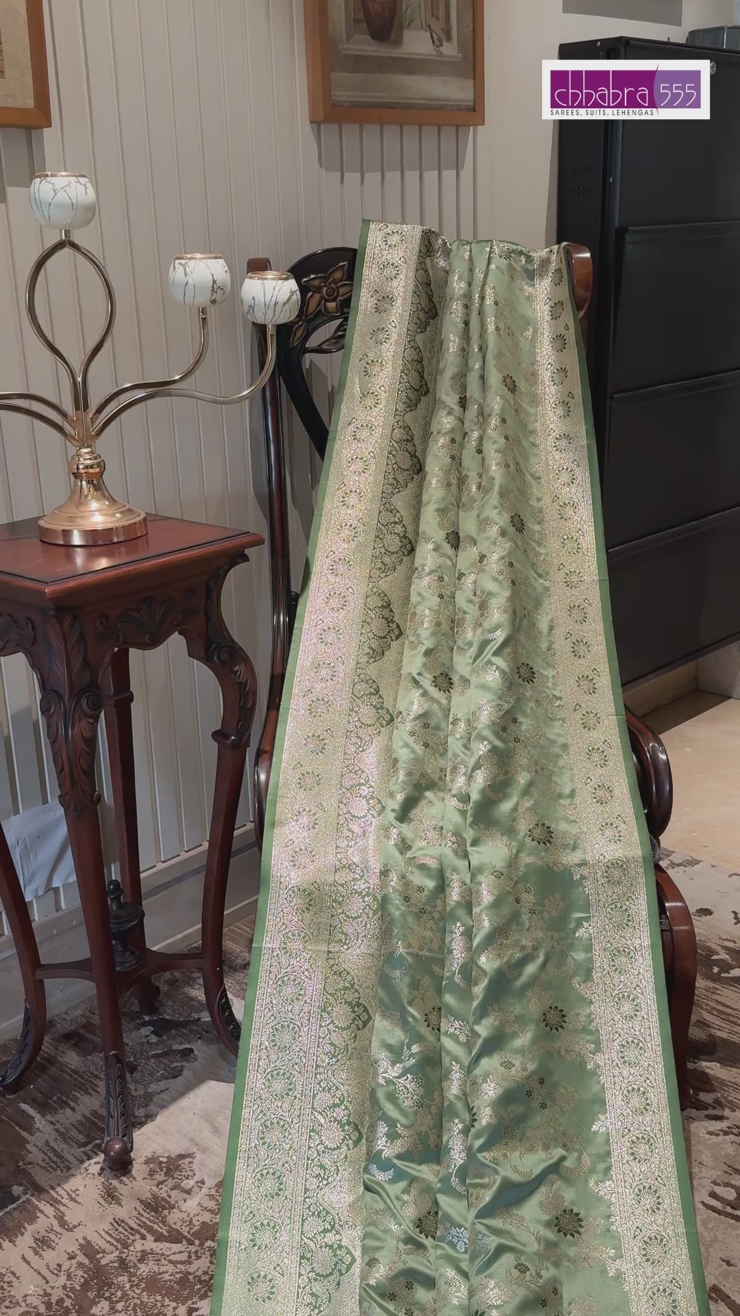 Sage Green Banarasi Art Silk Saree with Antique Gold Zari Floral Motifs & Brocade Border