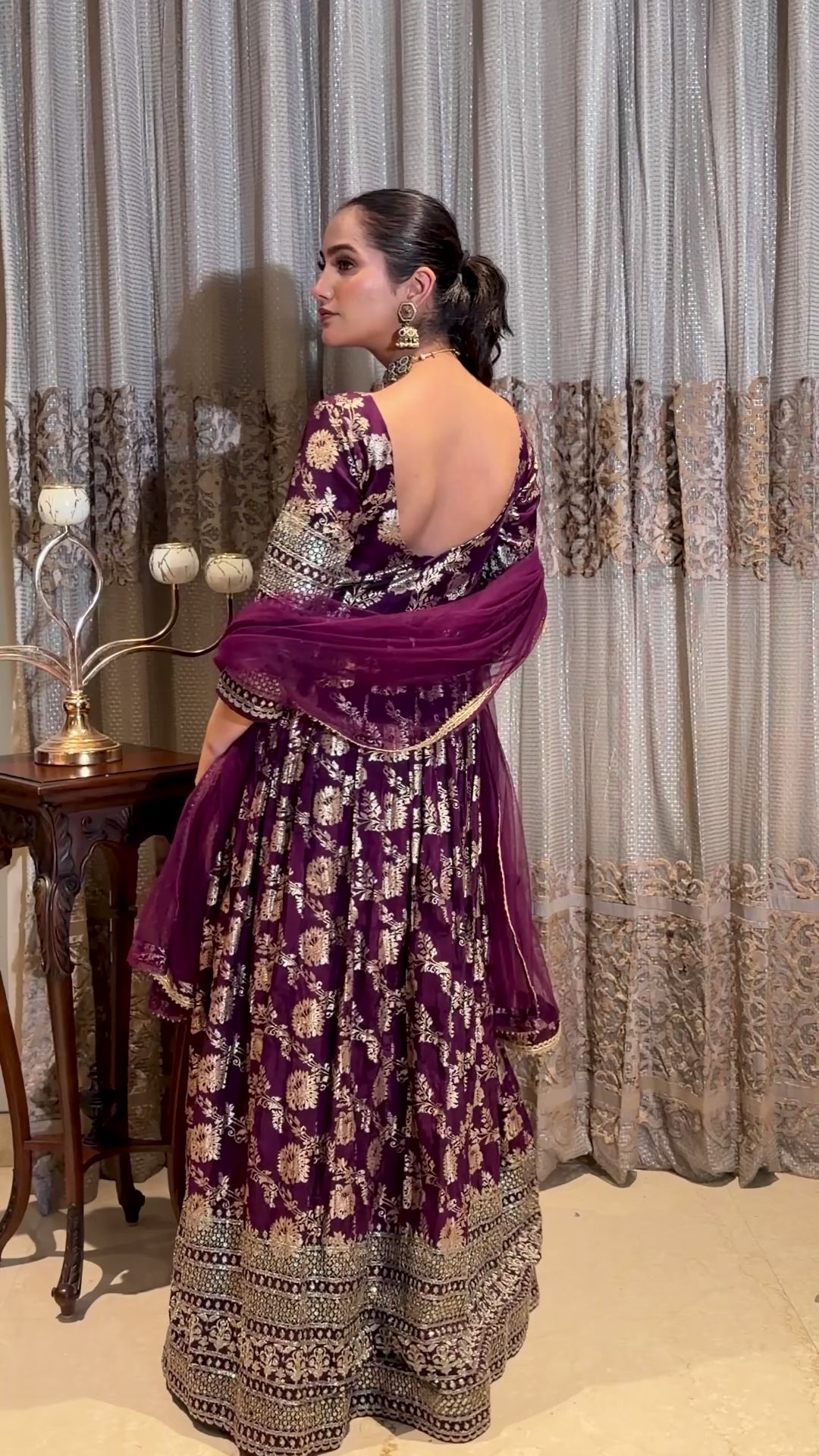 Burgundy Banarasi Brocade Anarkali Party Wear Long Gown Dress With Embellished Dupatta