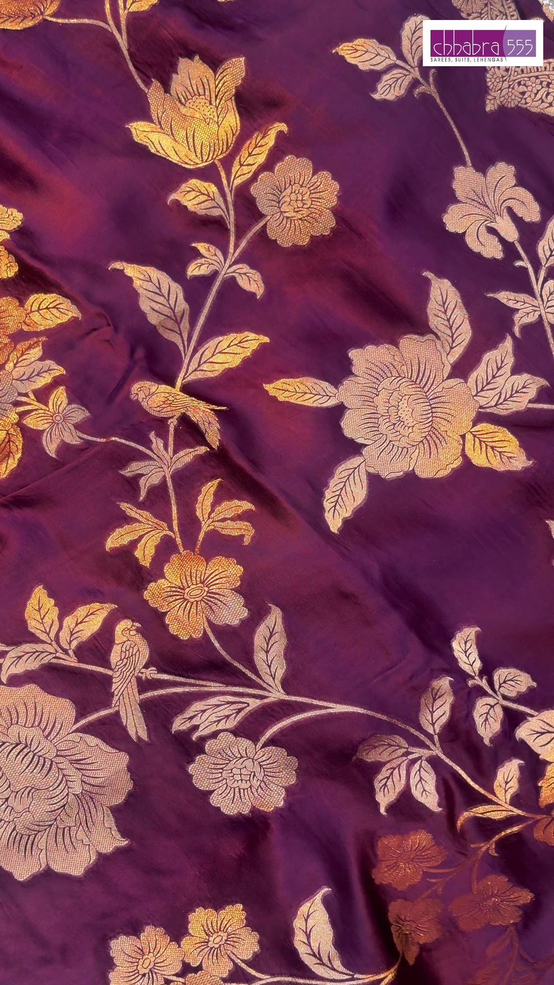 Purple Silk Golden Zari Woven Floral Saree with Scalloped Border