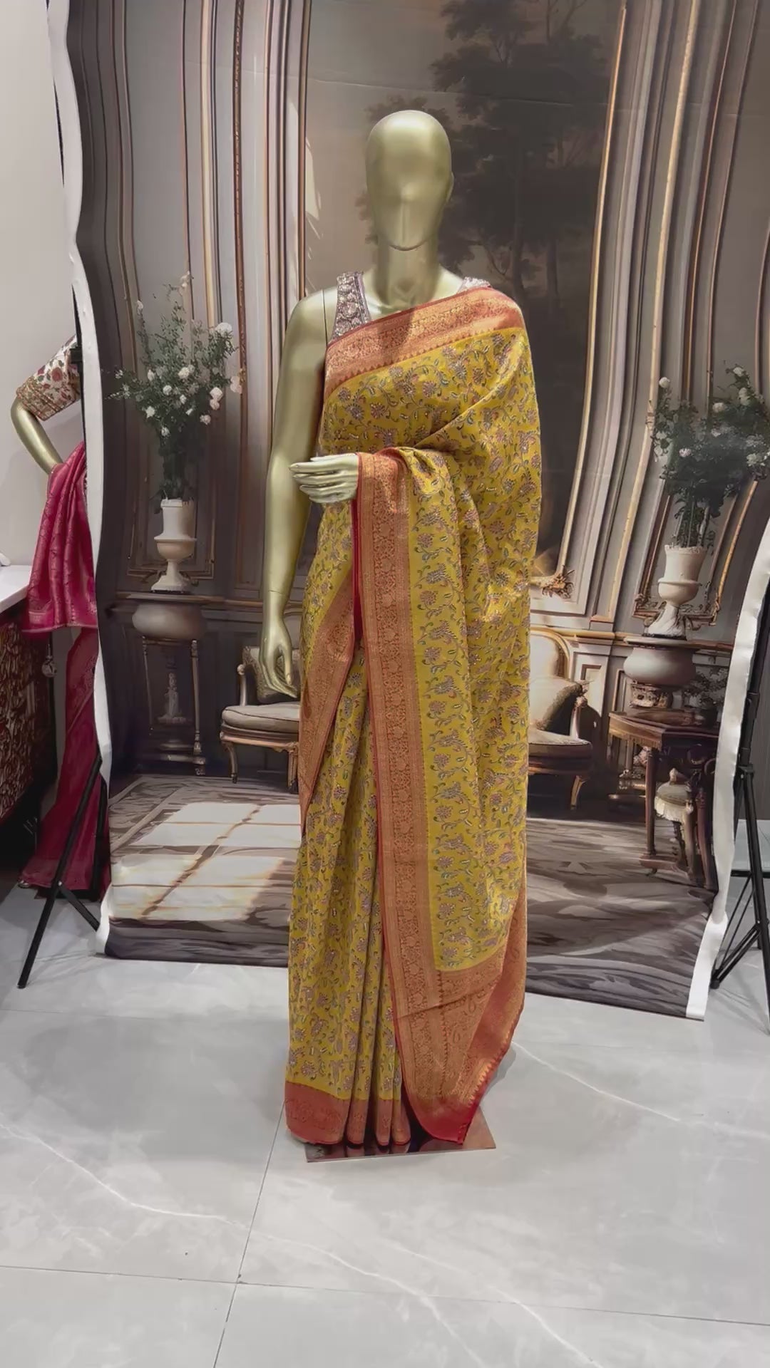 Mustard Yellow Banarasi Meenakari Saree with Floral Jaal & Red Zari Brocade Pallu