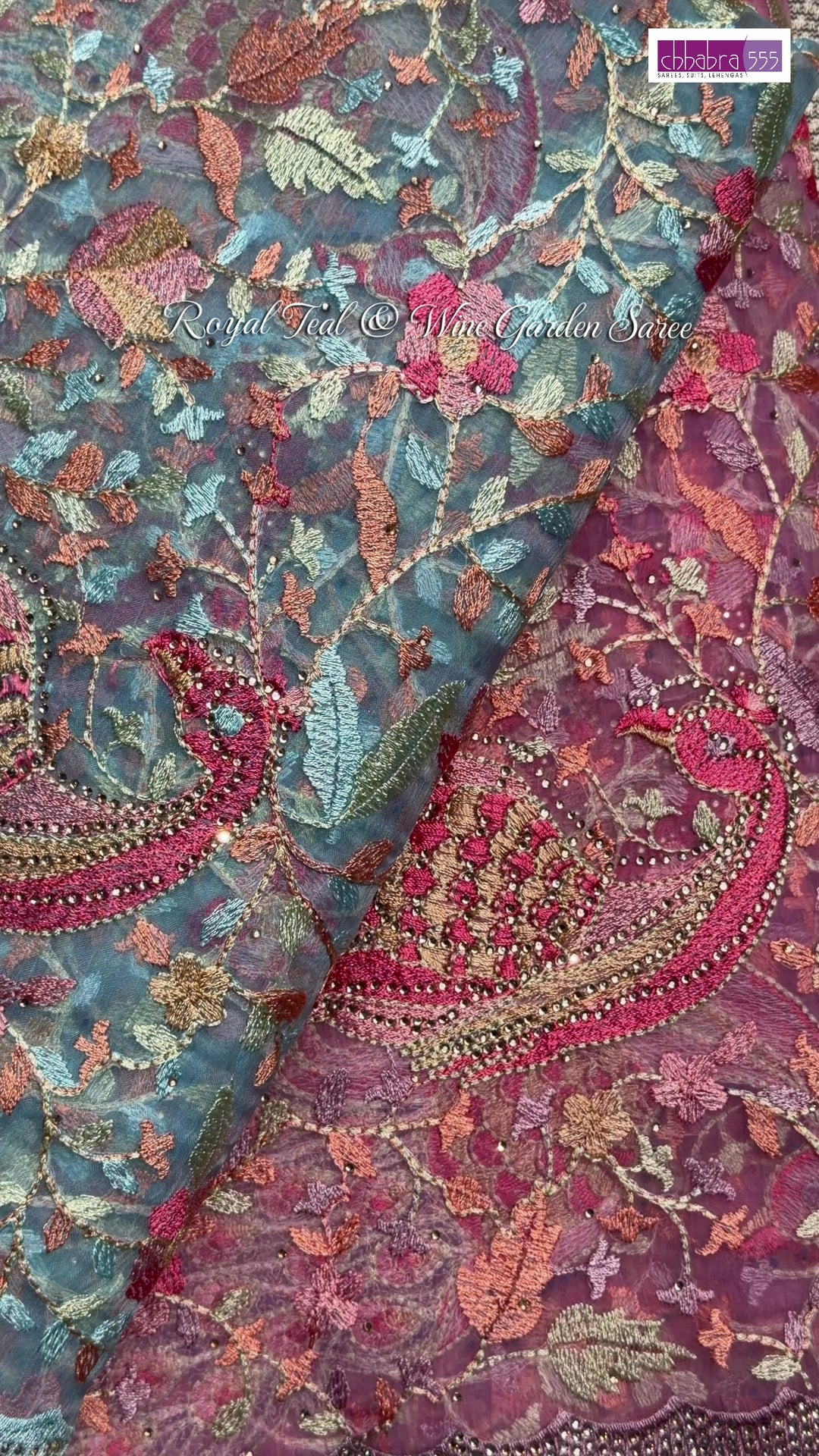 Peacock Floral Embroidered Net Saree in Mauve Wine
