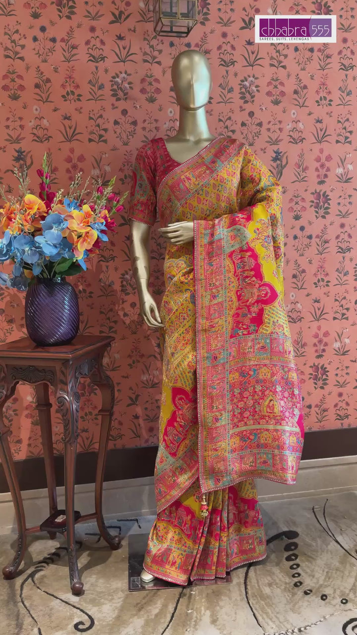 Multicolor Yellow Rani Pink Saree with Ethnic Temple & Paisley Digital Print