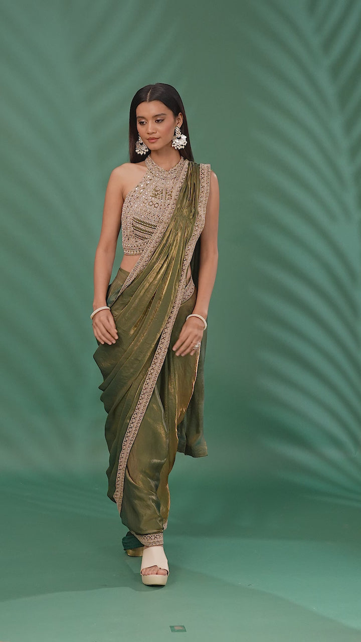 Metallic Silk Saree with Mirror & Thread Embroidered Blouse