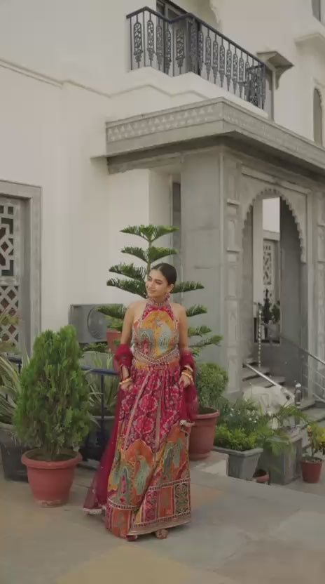Multicolor Peacock Print Halter Neck Lehenga Choli Set with Dupatta