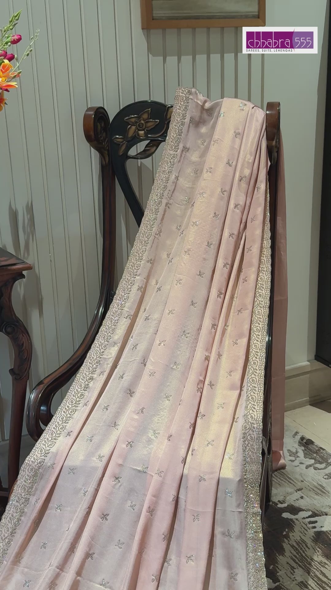 Saree with Hand-Embroidered Sequin Buttas & Heavy Crystal Border