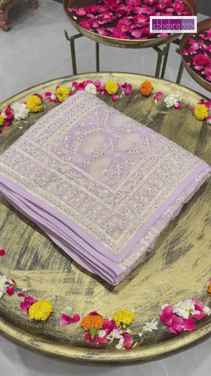 Pastel Lavender Georgette Saree with Heavy Thread, Mirror, and Sequin Embroidery | Designer Party & Festive Wear Saree