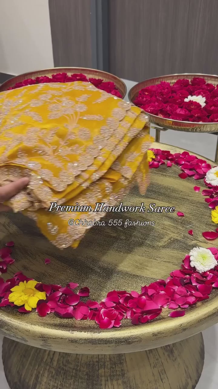 Mustard Yellow Floral Zari Embroidery & Stones Embellishment Saree with Scalloped Border