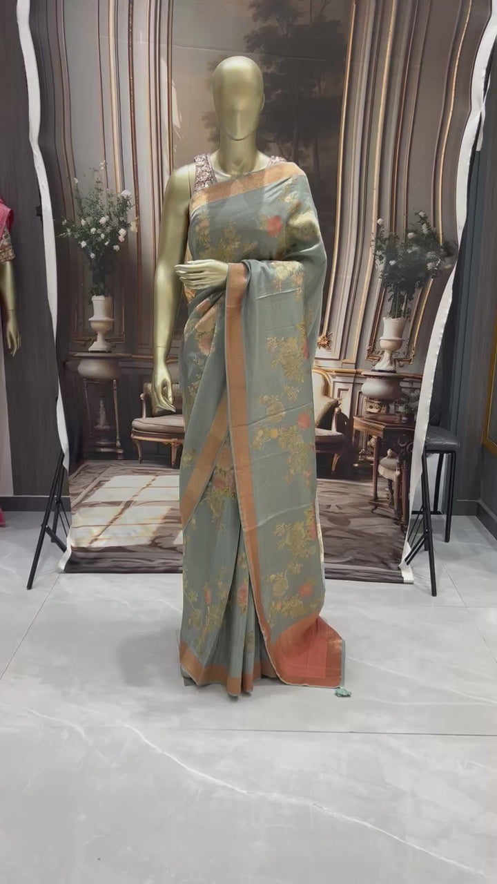 Pastel Beige Banarasi Meenakari Silk Saree with Multicolour Floral Jaal & Paisley Pallu