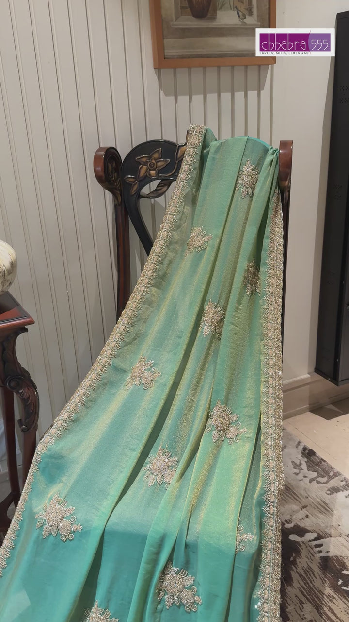 Embellished Art Silk Saree with Sequin Floral Motifs & Crystal Bead Border