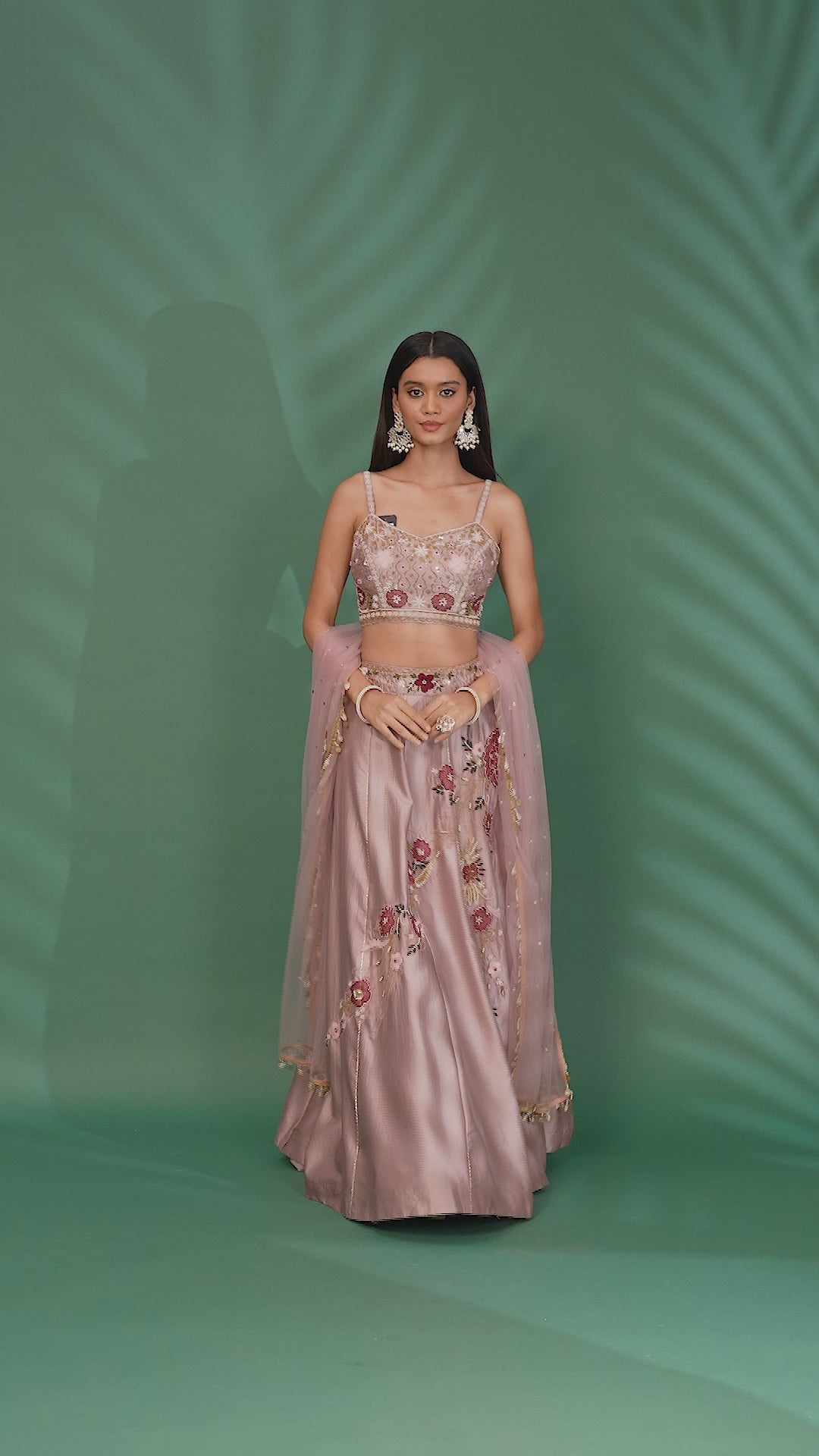 Lehenga Set with Floral Thread & Sequin Embroidery and Net Dupatta
