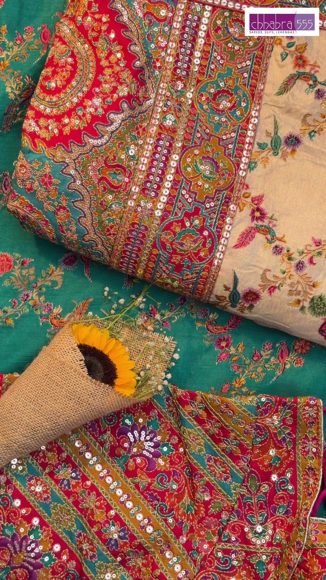 Teal Multicolor Thread Embroidered Paisley Saree with Mirror Work Border
