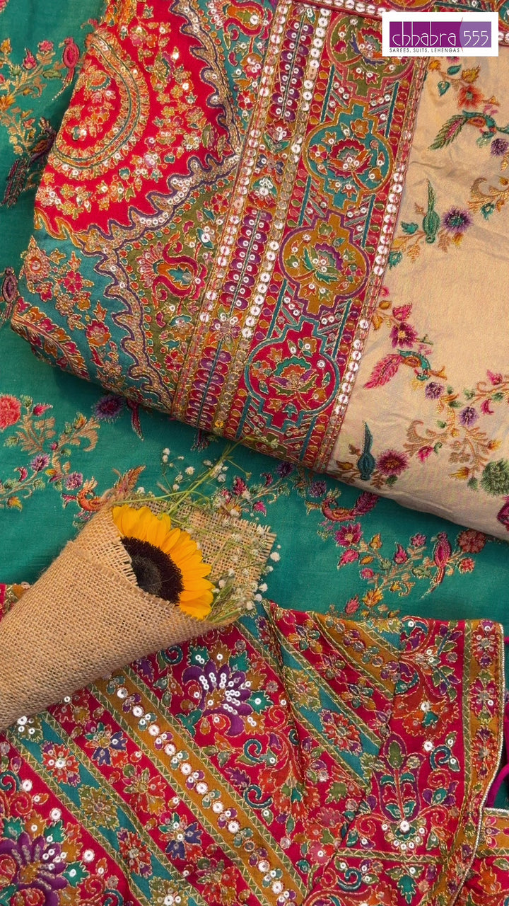 Teal Multicolor Thread Embroidered Paisley Saree with Mirror Work Border