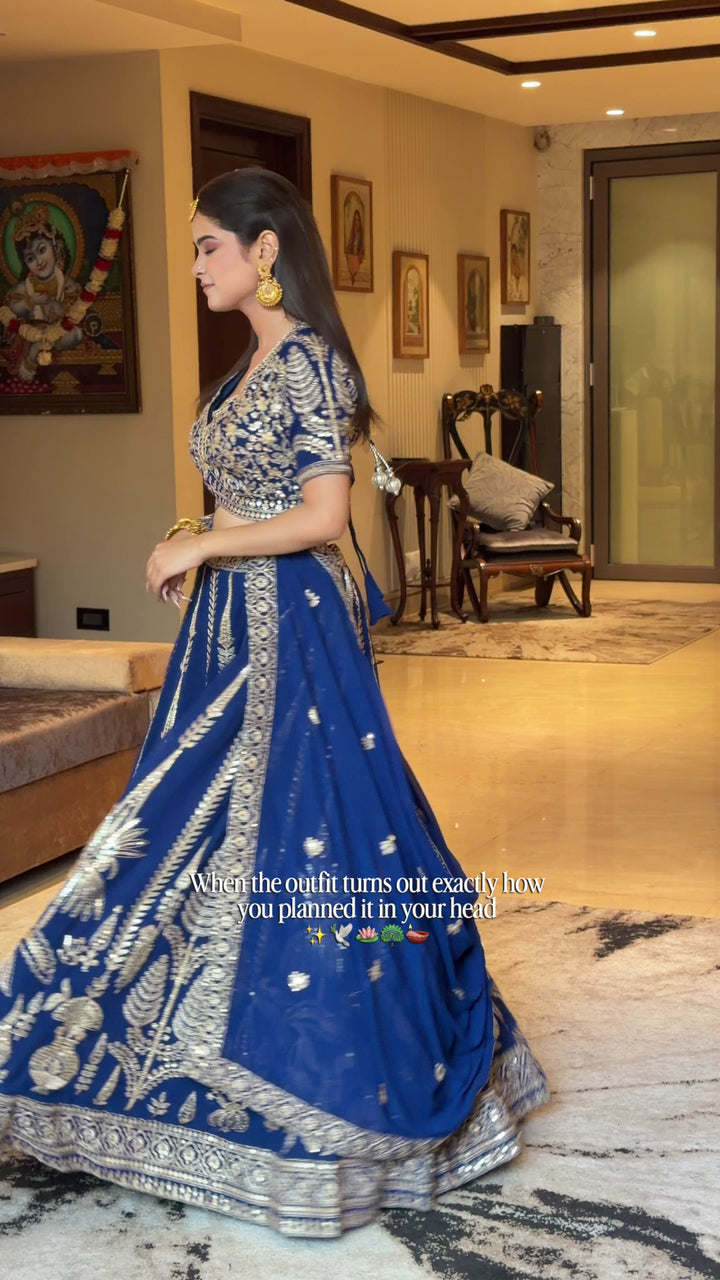 Royal Blue Sequin & Zari Embroidered Botanical Motif Lehenga Choli with Dupatta
