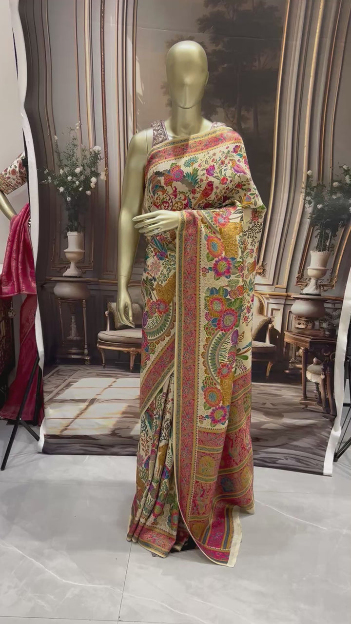 Cream Banarasi Woven Floral Saree with Rani Pink Temple Border and Rich Pallu
