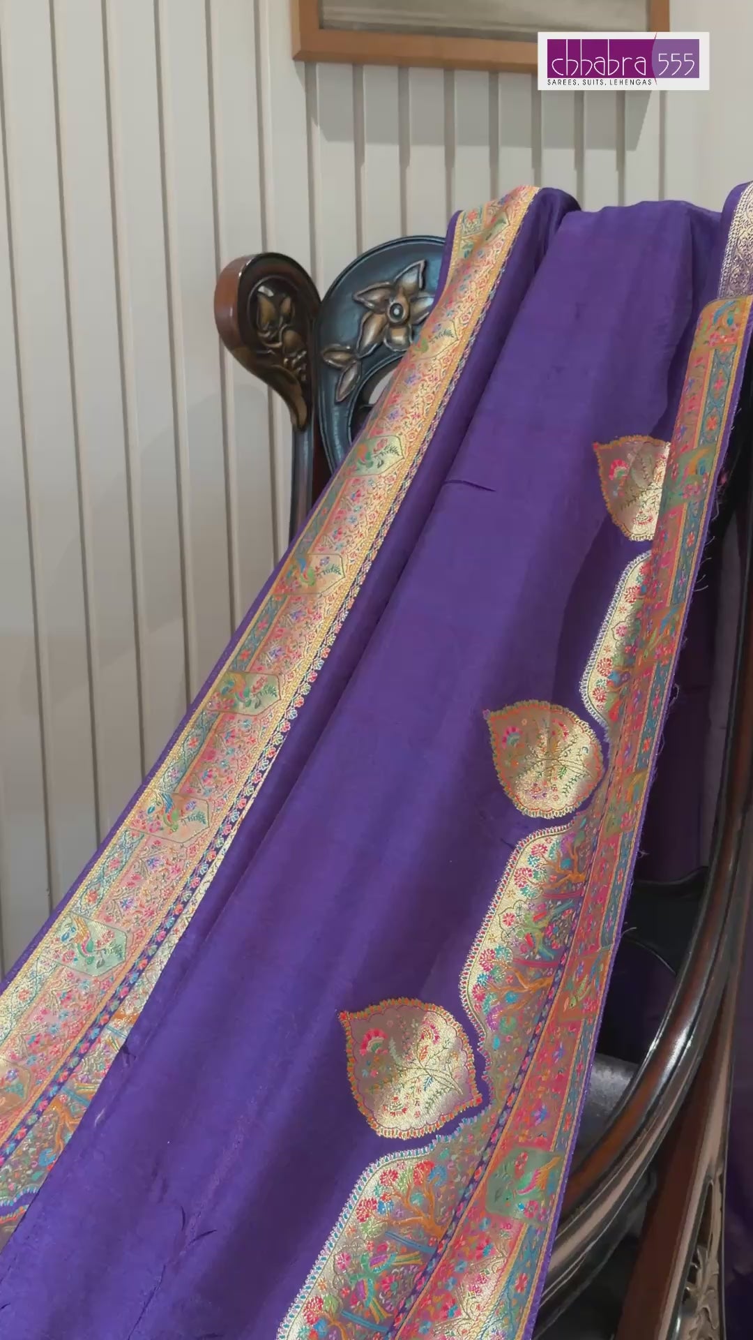 Purple Saree with Heavy Ethnic Gold Border, Leaf Motifs & Royal Procession Digital Work