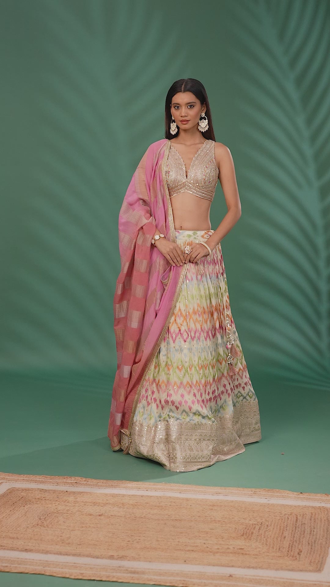 Ikat Printed Lehenga with Sequin Embroidered Blouse & Pink Striped Dupatta