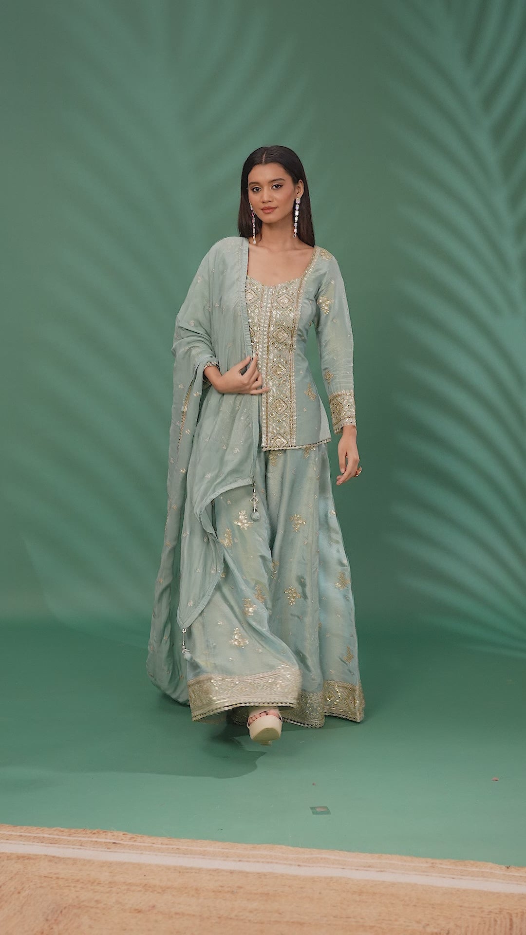 Embroidered Georgette Sharara Set with Sequin, Zari & Mirror Work Detailing