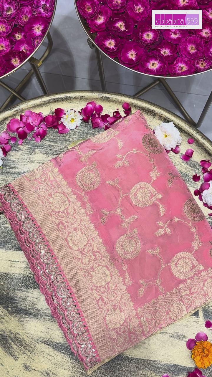Banarasi Silk Zari Woven Paisley Ombre Saree with Sequin Scalloped Border in Mint & Teal