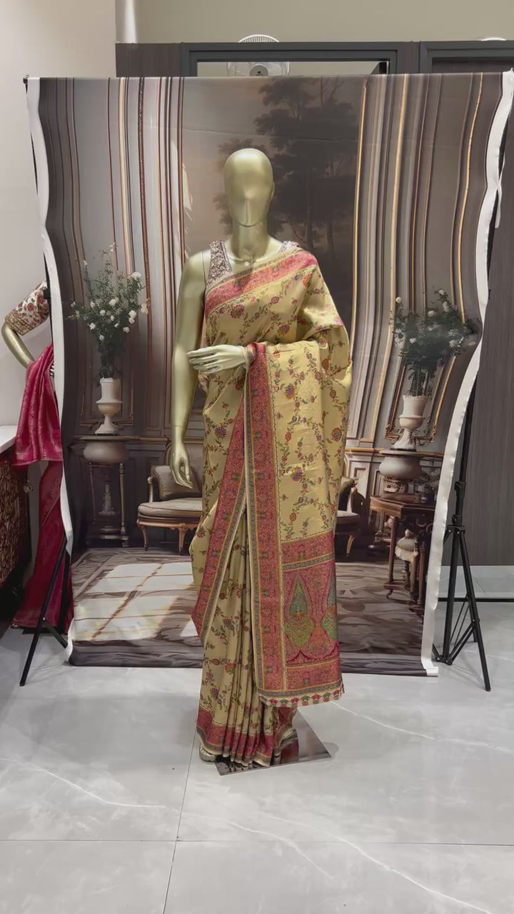 Pastel Beige Banarasi Meenakari Silk Saree with Multicolour Floral Jaal and Rich Pallu