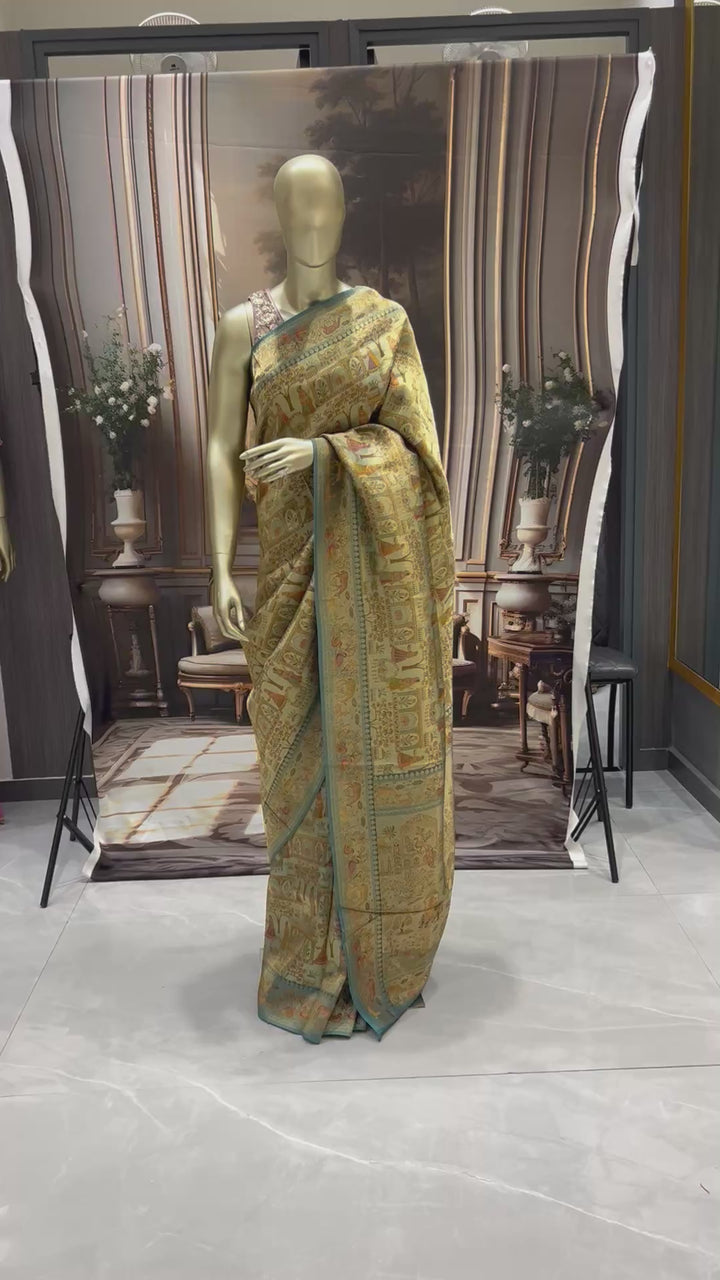 Heritage Banarasi Saree with Deer & Paisley Weave and Teal Edge