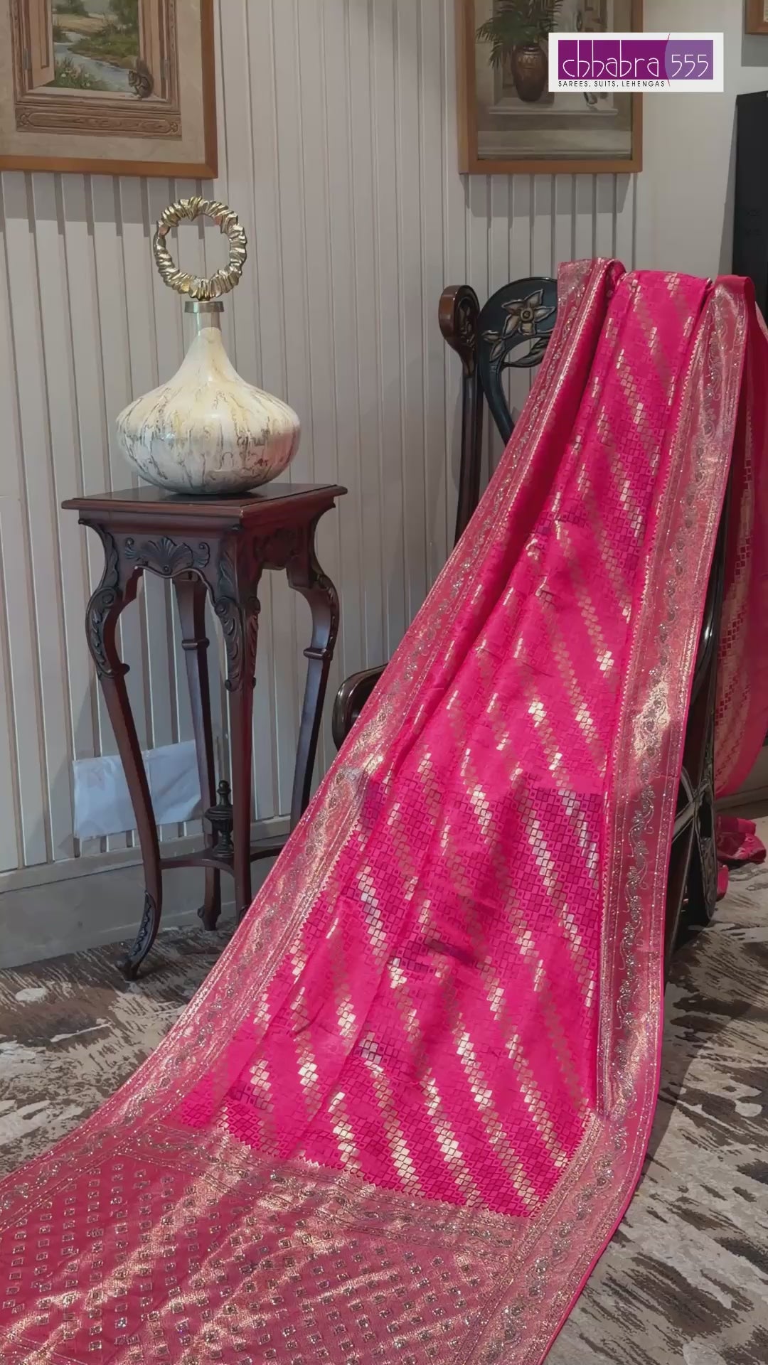 Rani Pink Saree with All-Over Zari Checks, Heavy Woven Pallu & Tassel Border