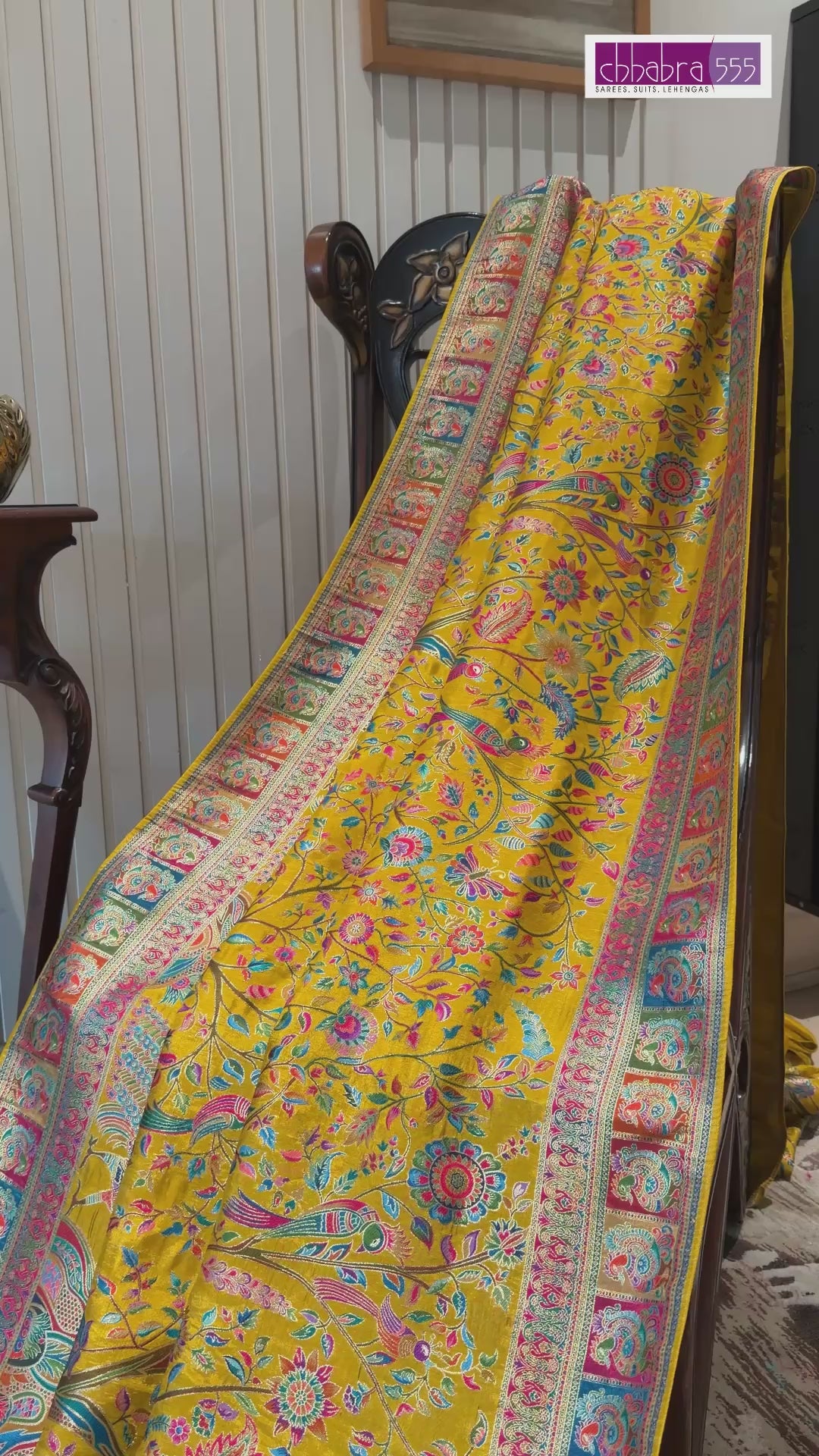 Yellow Meenakari Style Floral & Bird Jaal Zari Woven Saree with Panel Border