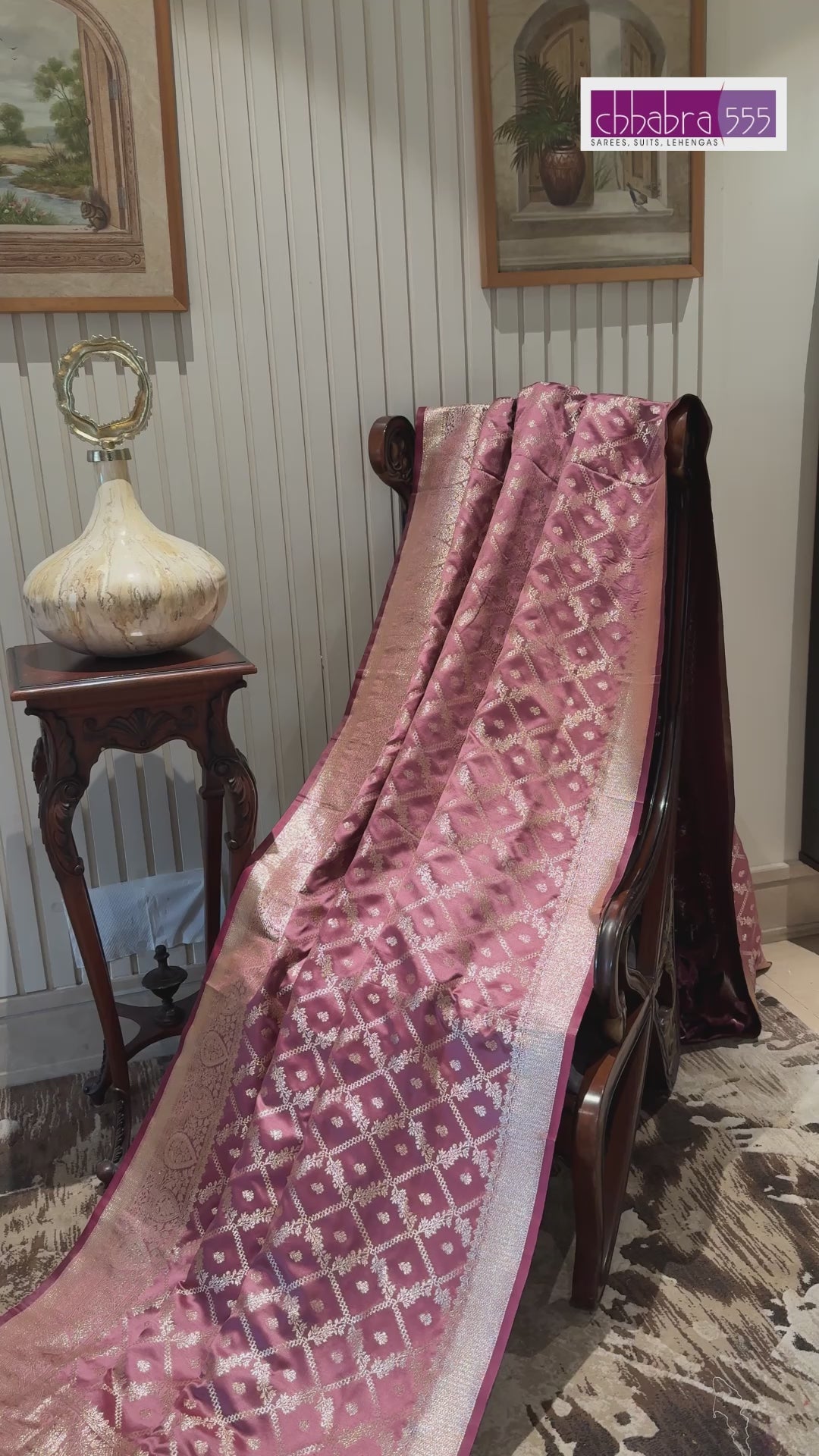 Magenta Pink Zari Woven Saree with Gold Floral Diamond Check & Banarasi Brocade Border