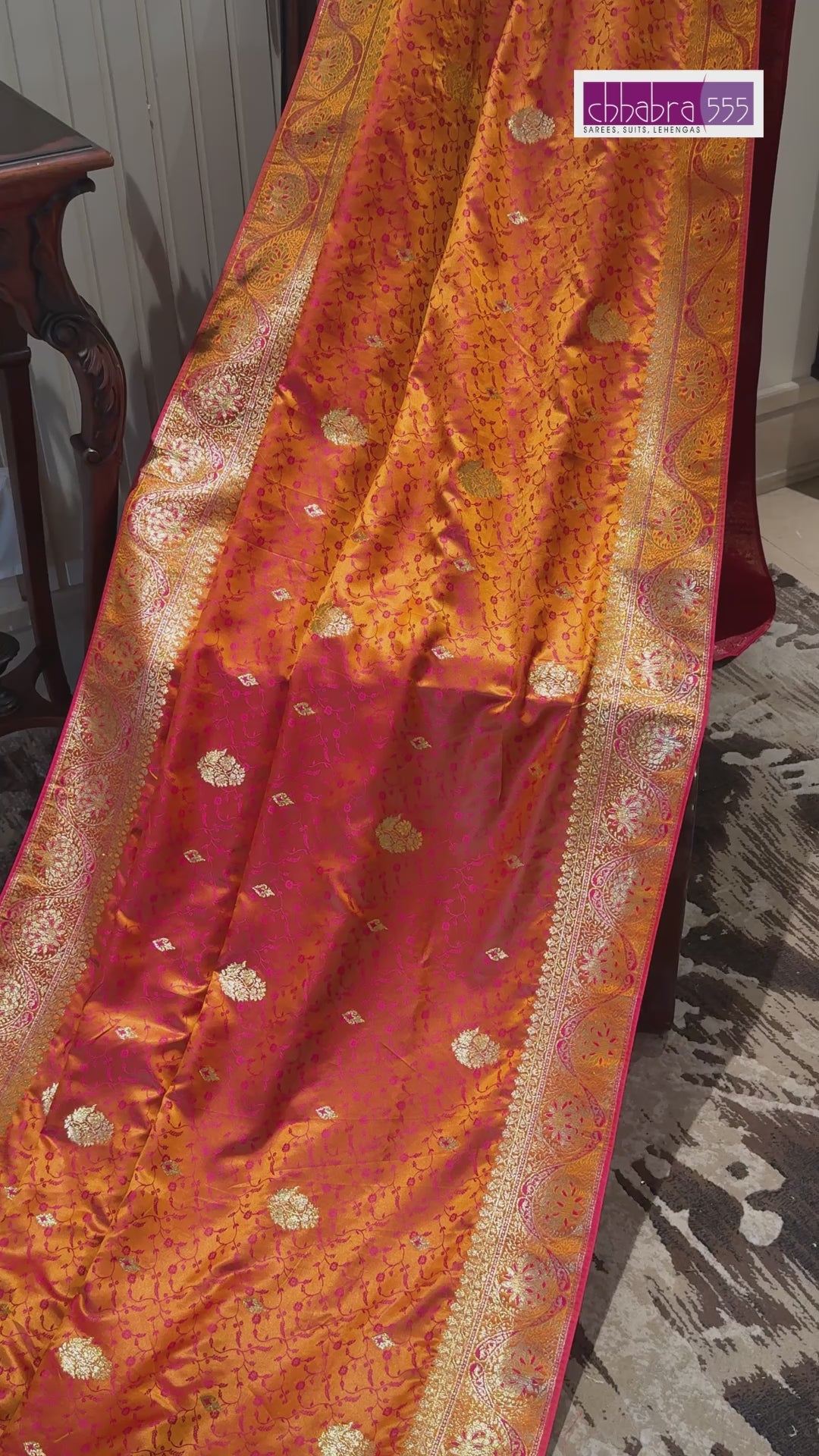 Zari Woven Saree with Gold Floral Motifs and Traditional Brocade Border