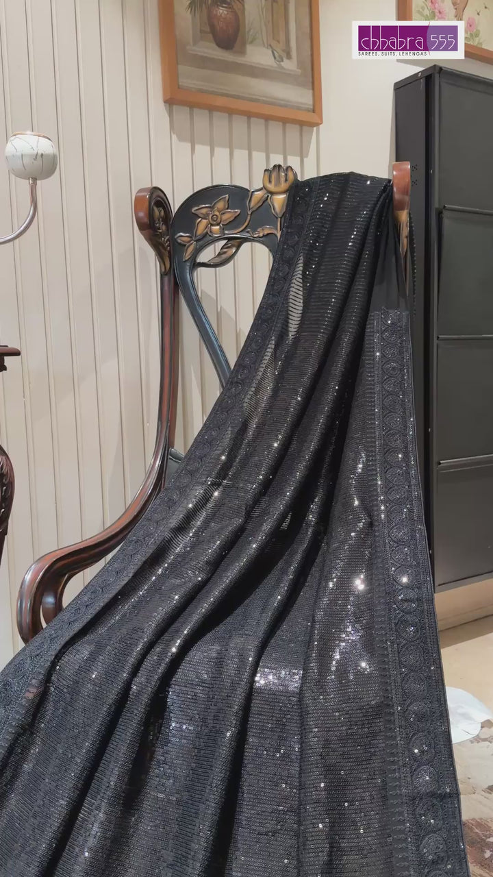 Black All-Over Sequin Saree with Tonal Embroidered Border and Fringe Pallu