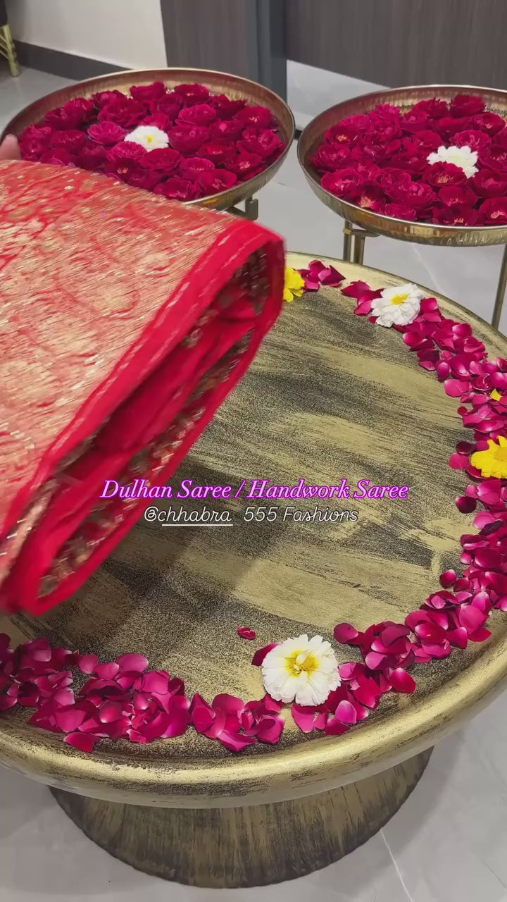 Royal Red Bridal Saree with Heavy Zari Hand Embroidery & Peacock Motif Work