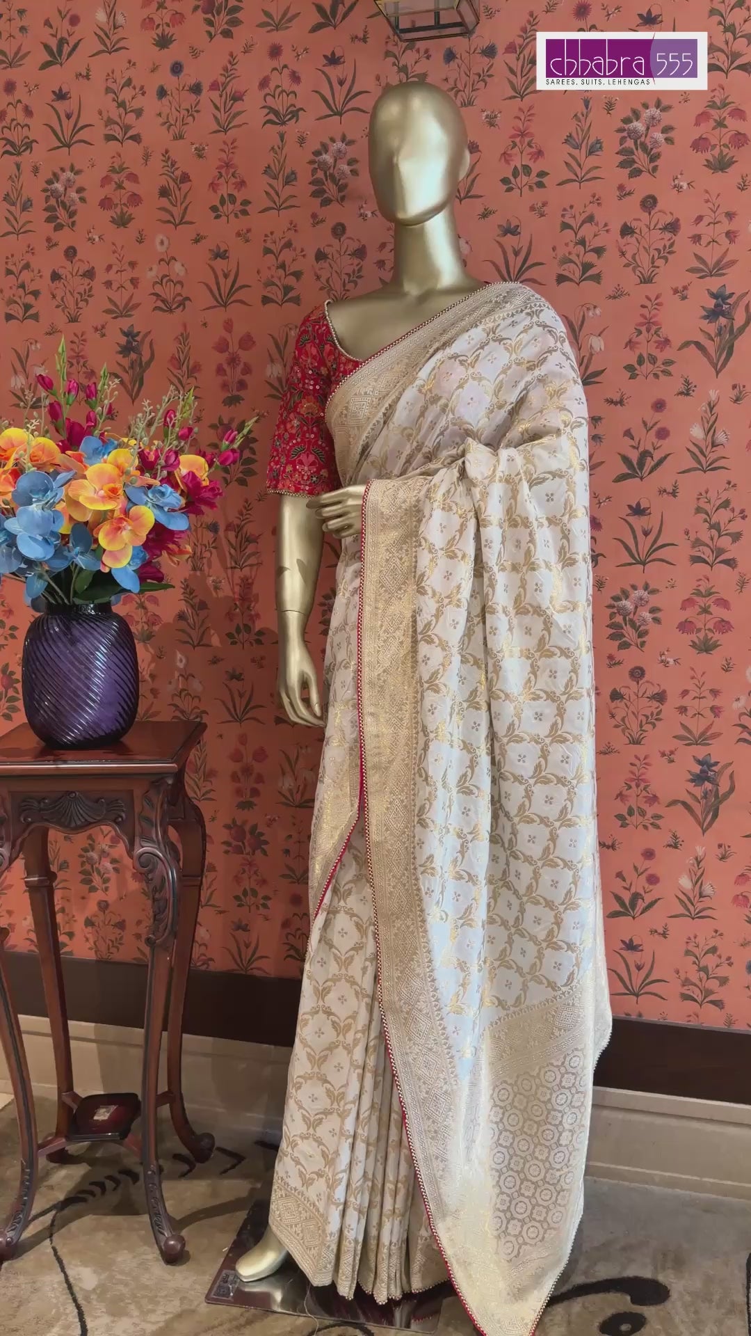 Off White Gold Zari Woven Floral Saree with Rich Pallu and Contrast Red Edging