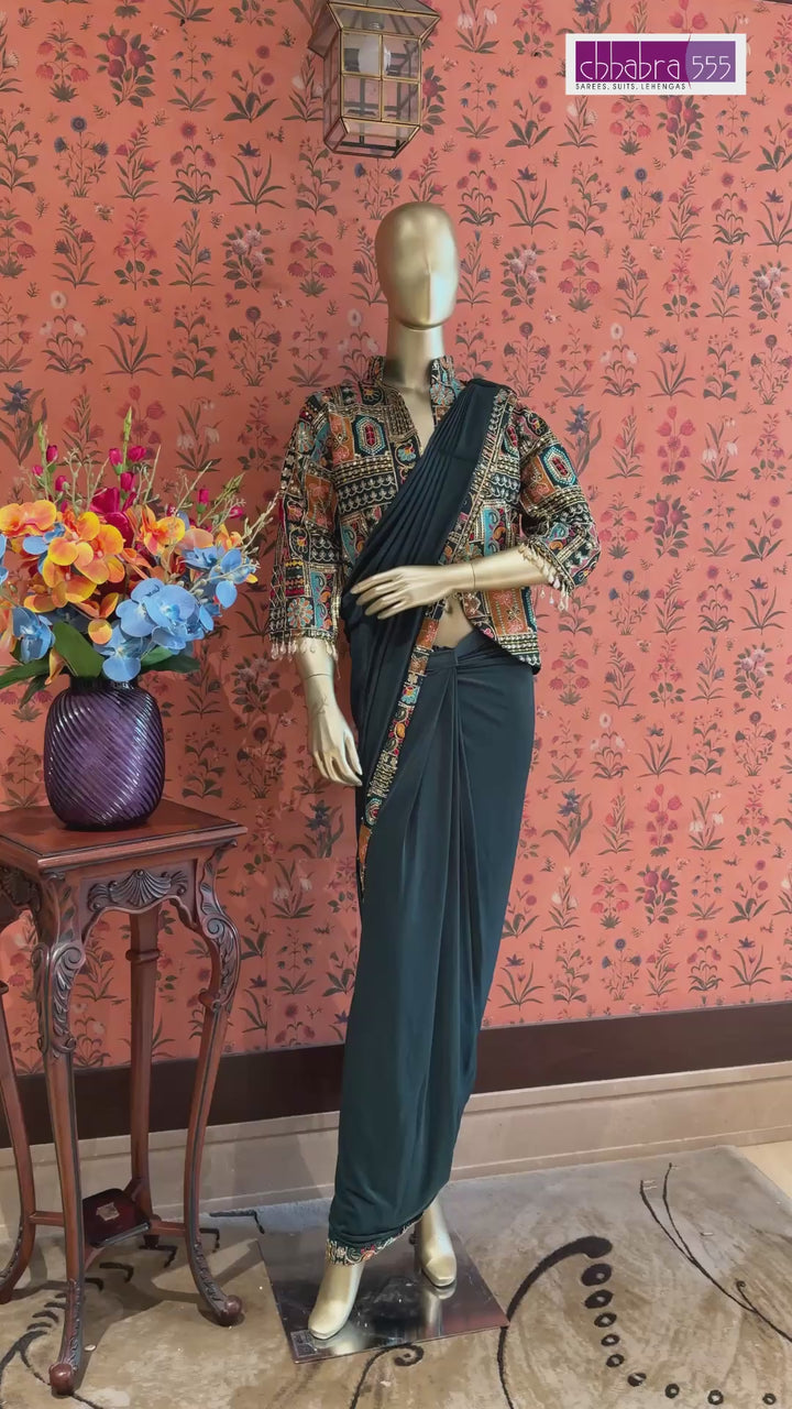 Teal Draped Saree with Multicolour Embroidered Jacket Blouse and Mirror Detailing