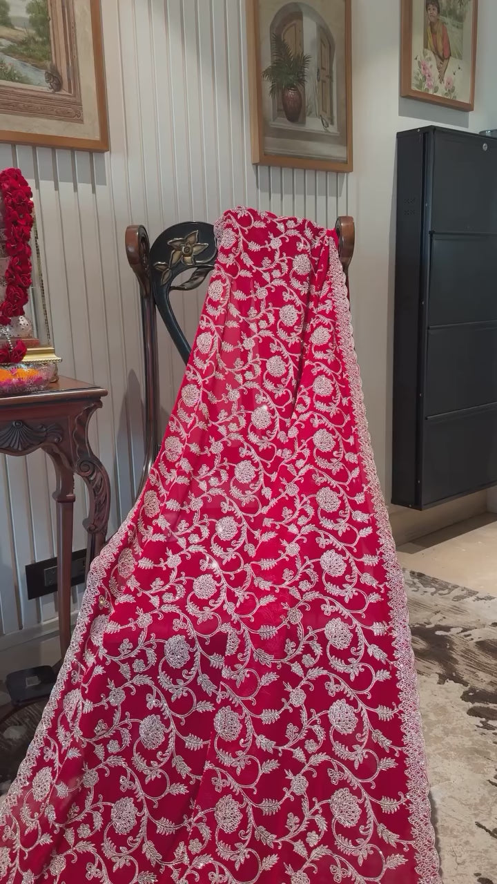 Royal Red Saree with Intricate Silver Zari Embroidery & Scallop Border