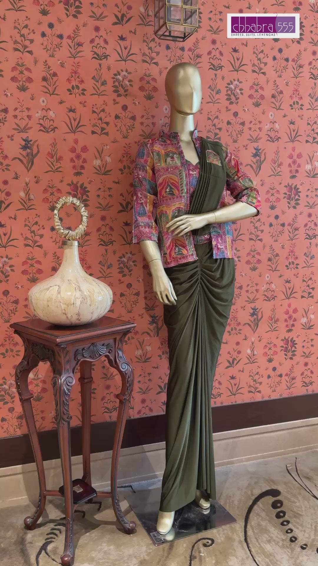 Olive Drape Saree with Multicolour Rajasthani Print Jacket, Pintucks and Gathered Pleats