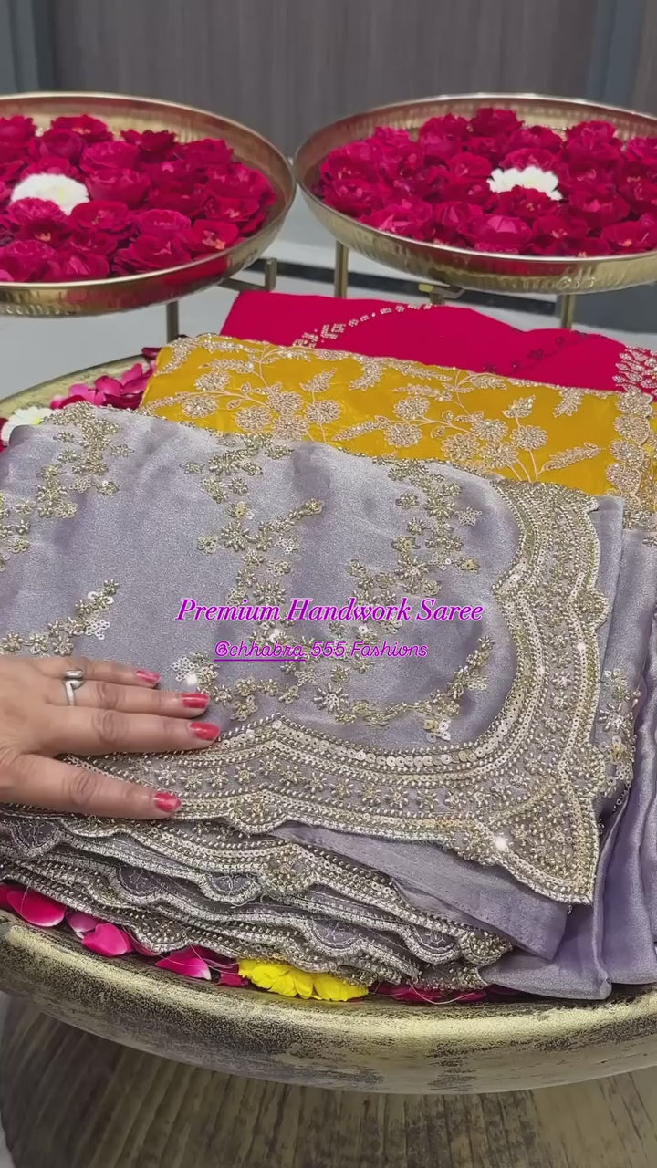 Lavender Premium Handwork Saree with Intricate Floral Sequin Embroidery & Heavy Embellished Border