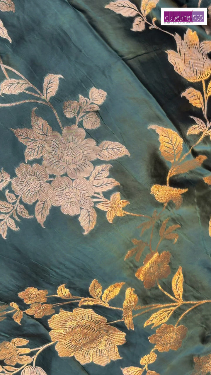 Teal Green Silk Golden Zari Woven Floral Saree with Scalloped Border