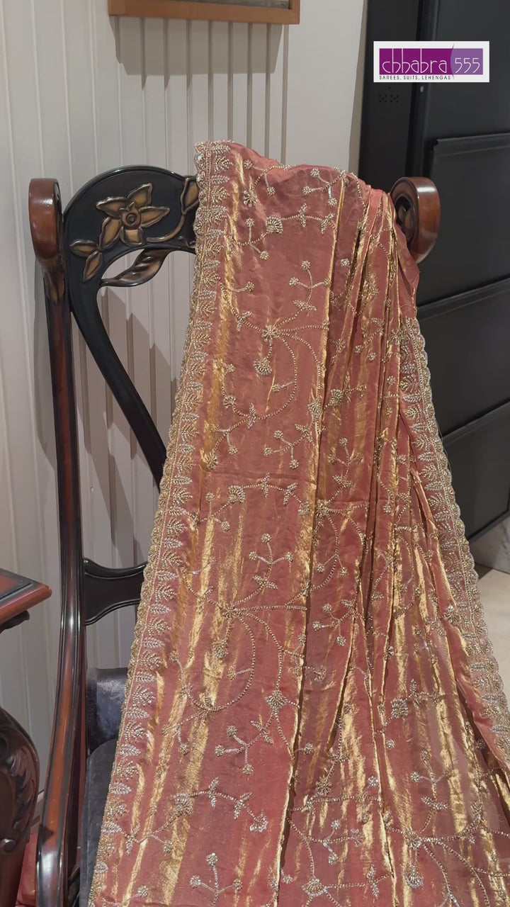 Tissue Saree with Hand-Embroidered Floral Sequins & Ornate Embellished Border